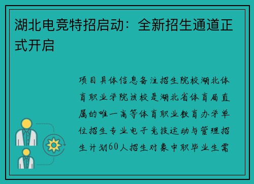 湖北电竞特招启动：全新招生通道正式开启